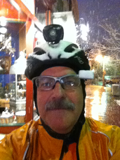Snow accumulated on the helmet on the way into Annapolis this morning.